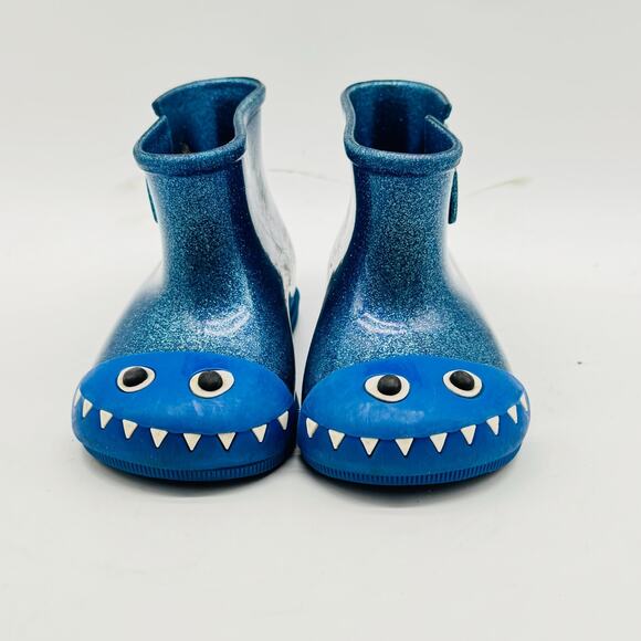 Mini Melissa Shoes Girls 7C Blue Boots Monster Dinosaur Rainboots Fabula Glitter - Picture 3 of 9